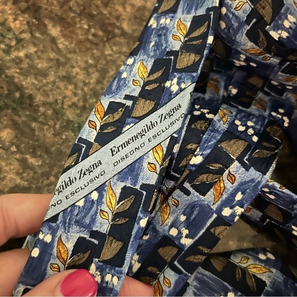 Ermengildo Zegna All Silk printed tie, Italy, blue geo + leaves  print, designer - Picture 5 of 9